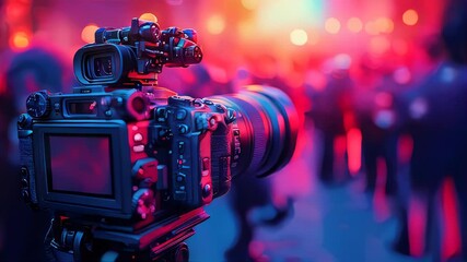 A video camera on a tripod with a nighttime scene in the background, bathed in red light, creating an atmosphere of an evening event or concert. Creative shooting and media production