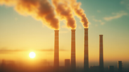 Obraz premium Smoke rises from industrial chimneys against a sunset backdrop, symbolizing environmental impact and air pollution from manufacturing in an urban landscape.