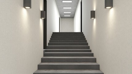 A sleek, modern staircase ascends in a bright, minimalist hallway, featuring glossy white walls and ambient lighting.