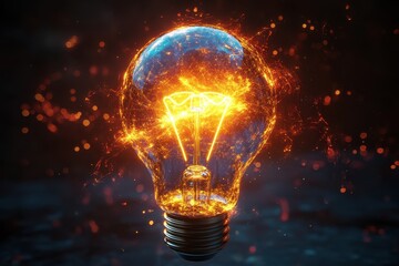 Illuminated light bulb against a colorful digital abstract background, representing creativity.
