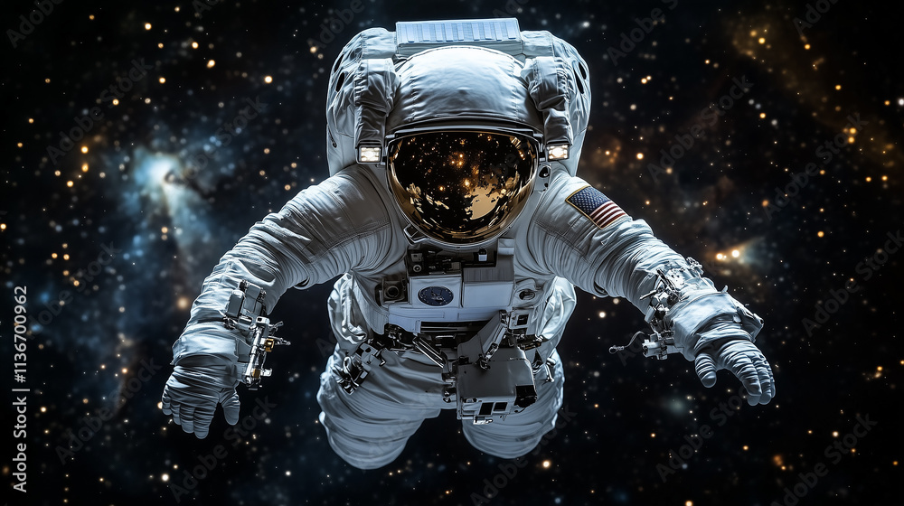 Wall mural futuristic astronaut exploring the vastness of outer space in a cosmic setting