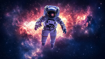Fototapeta premium Futuristic astronaut floating in a vibrant cosmic landscape filled with colorful nebulae and stars