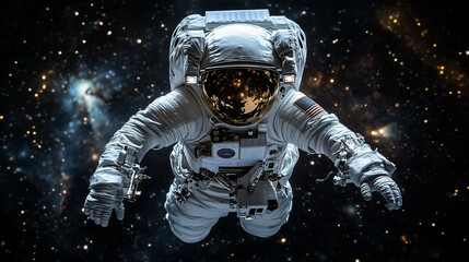Futuristic astronaut exploring the vastness of outer space in a cosmic setting