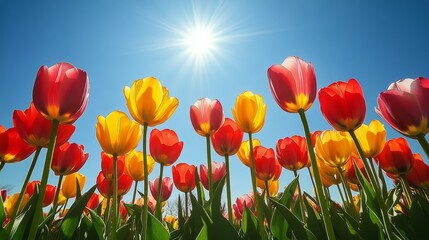 Fototapeta premium Colorful tulips bloom in a vibrant garden during springtime sunlight