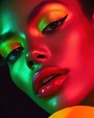 Obraz premium A female model with bold makeup, looking directly into the camera, vibrant studio lighting, plain black background,