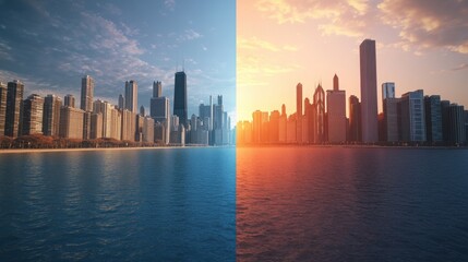 Naklejka premium A split image of the Chicago skyline by day and night, both incorporating the flag of Chicago.