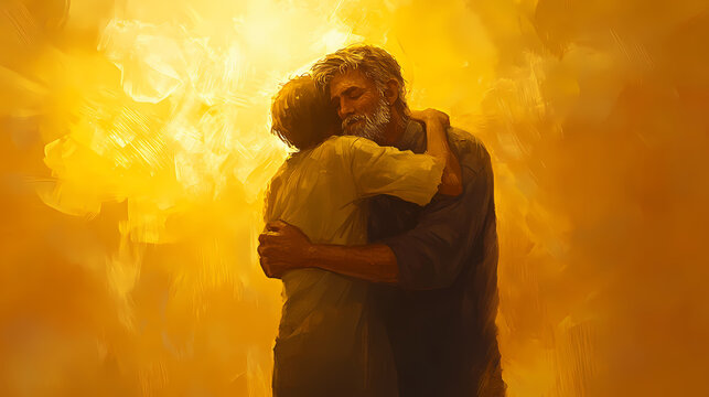 The prodigal son is embraced by his father bathed in the golden light of reconciliation. Embrace. Illustration