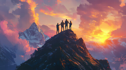 Three friends celebrate their achievement on a mountain peak during a vibrant sunset, embracing the beauty of nature and friendship. Embrace. Illustration