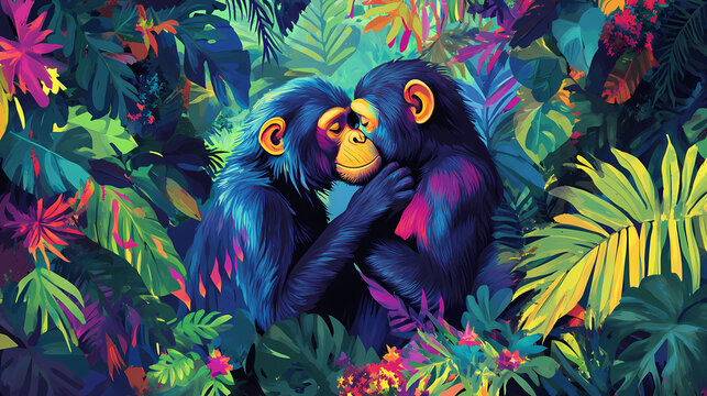 Two colorful monkeys embrace in a lush, vibrant jungle setting. Embrace. Illustration