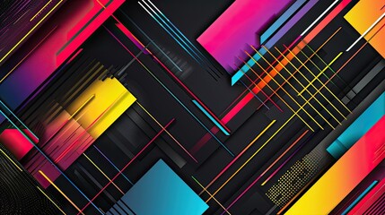 Obraz premium Abstract geometric design with vibrant colors and dynamic lines on a dark background.