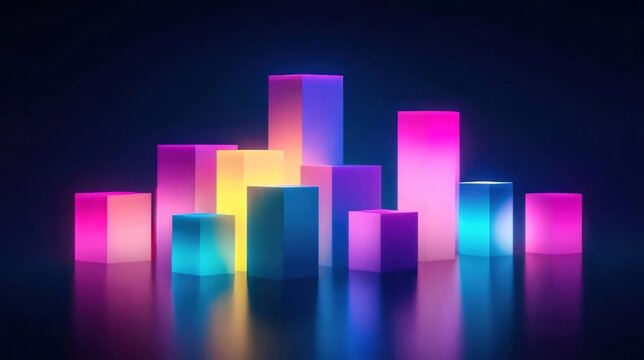 Fototapeta Vibrant neon cubes reflect on glossy surface.