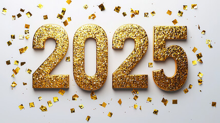 Golden glittery numbers representing year 2025, surrounded by festive confetti, create celebratory atmosphere perfect for New Year events