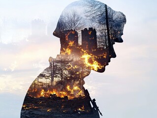 soldiers silhouette filled burning fortress Warriors in Burning Shadows Silhouette of Valor Lone Torchbearer Symbolism.Double Exposure Battle Scene.Silhouettes of War and Fire