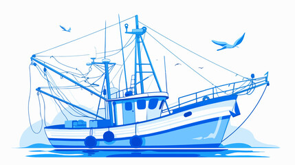 Fishing Boat Vector Line Icon on White Background