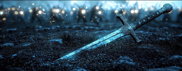 Double exposure sword embedded in ground Glowing Crossed Arrows Art Sharp Shadows of War Sword of Destiny Iconography Katana Resting in Elegance Double Exposure War Blades