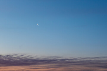 crescent moon on blue sky background clouds reflect morning sun  © bearle