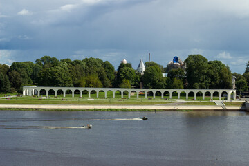 White arch near the river in Novgorod