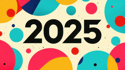 Bold typography design featuring year 2025 with colorful abstract shapes. This vibrant artwork captures retro disco inspired aesthetic, perfect for celebrations