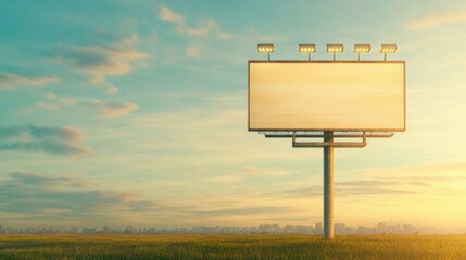 A large, empty billboard stands in a vast field with a city skyline in the distance under a blue and golden evening sky.