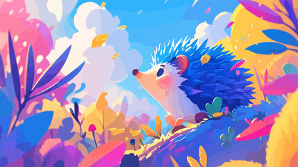 Cute Hedgehog in Jungle Cartoon Style with Depth of Field
