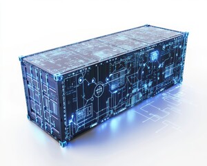 Futuristic shipping container with digital circuitry and glowing elements.