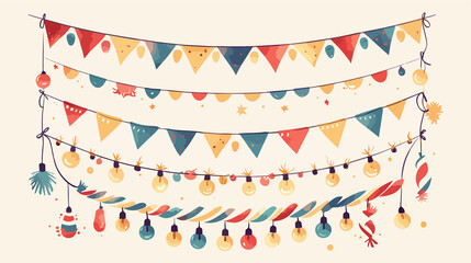 Festive Holiday Garlands with Light Bulbs, Party Lights, and Flag Decoration