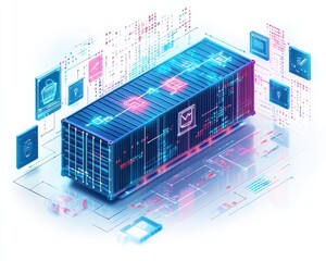Futuristic shipping container with digital data and security elements illustrated.