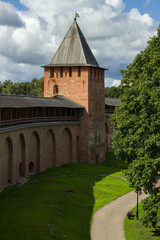 The Kremlin of Veliky Novgorod on a green field