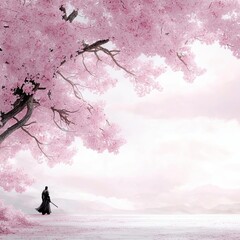 Silhouette warrior standing under cherry Silhouette warrior standing beneath blooming cherry blossoms Lone warrior under cherry trees with a war-torn sky Shadowed samurai standing under falling