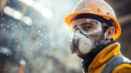 Industrial worker wearing protective mask and goggles in polluted environment