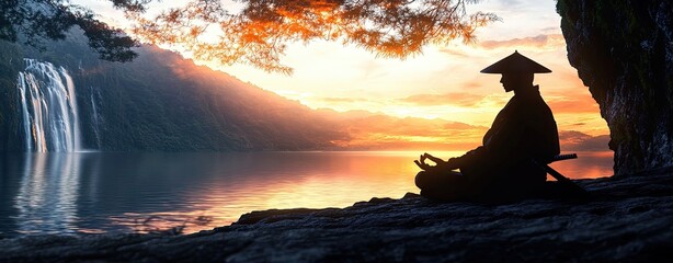 Silhouette meditating samurai double exposure Silhouette of a meditating warrior with glowing mountain shadows Double exposure of a samurai meditating and war-torn landscapes Meditating 