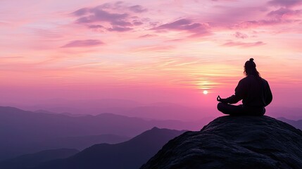 Silhouette warrior meditating shadowed mountain Silhouette of a meditating warrior with glowing mountain shadows Double exposure of a samurai meditating and war-torn landscapes Meditating warrior