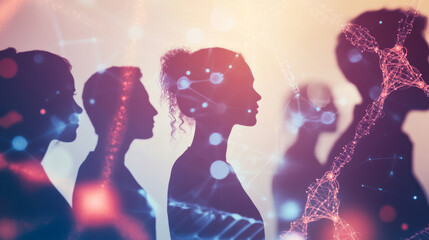 Silhouettes of diverse individuals with a digital network overlay highlighting connections at a technology-themed event