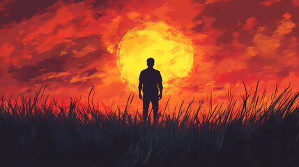 Fototapeta premium silhouette man fiery sunset