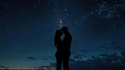 Fototapeta premium Silhouette of romantic couple embracing under starry night sky. Embrace. Illustration