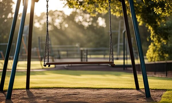 A single, empty swing swaying gently in the wind on a playground, with no children in sight and the surroundings eerily quiet