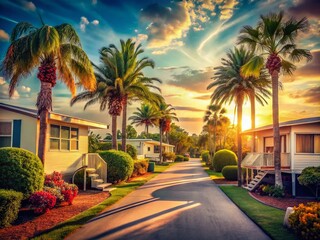 Vintage Style Photography of a Tropical Mobile Home Community with a Scenic Palm-Lined Pathway, Showcasing Lush Greenery, Sunlit Homes, and Relaxed Coastal Vibes