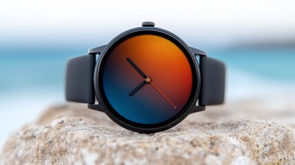 A black watch sitting on top of a rock next to the ocean