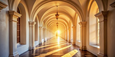 Fototapeta premium Vintage Style Photography of a White Arched Corridor Illuminated by Bright Light, Evoking a Sense of Mystery and Serenity in a Timeless Space