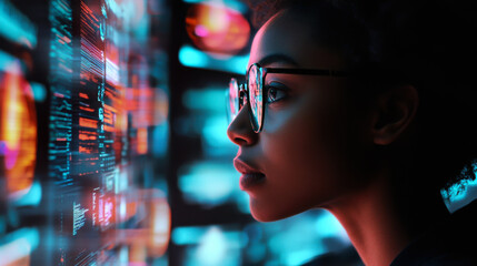 Fototapeta premium Young woman analyzing data on a digital screen in a futuristic setting at night