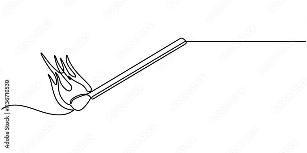 Poster continuous one line drawing of burning match. simple burning match stick line art vector illustratio