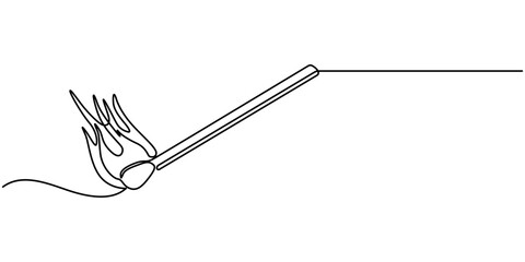 Continuous one line drawing of burning match. simple burning match stick line art vector illustration. Editable stroke, one continuous line drawing of match sticks.one line drawing of burning wooden. 