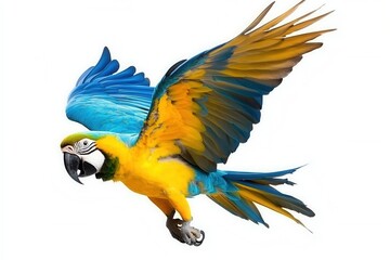 A colorful parrot flying, isolated on a white background