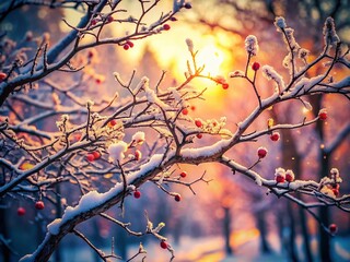 Vintage Style Photography of Bare Tree Branches in Winter, Capturing the Essence of Nature's Beauty in Frosty Landscapes, Evoking Nostalgia and Serenity in Stillness