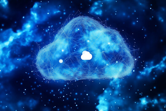 Cloud computing technology concept transfer database to cloud. There is a prominent large cloud icon in the center and a small white icon on the connected polygons with a dark blue