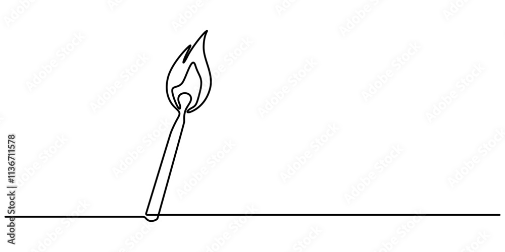 Poster Continuous one line drawing of burning match. simple burning match stick line art vector illustration. Editable stroke, one continuous line drawing of match sticks.one line drawing of burning wooden. 