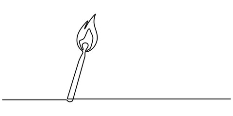 Continuous one line drawing of burning match. simple burning match stick line art vector illustration. Editable stroke, one continuous line drawing of match sticks.one line drawing of burning wooden. 