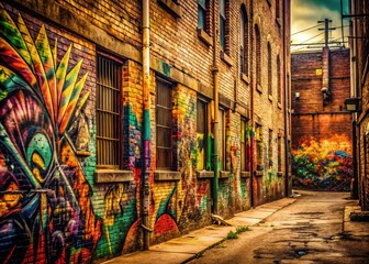 Fototapeta premium Vintage Style Photography of Colorful Graffiti on Urban Wall Showcasing Artistic Expression and Street Culture in a Nostalgic Atmosphere