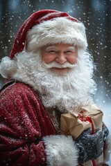 Santa Claus spreading joy in a festive winter market with snow and twinkling lights