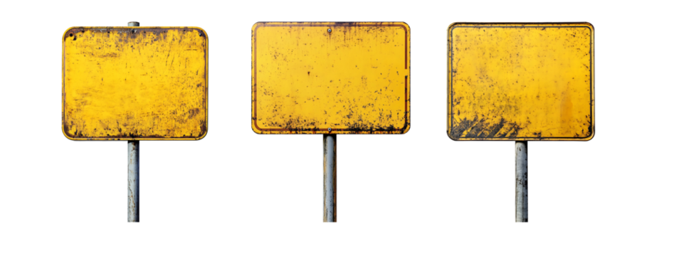 Blank old yellow road sign isolated on transparent background